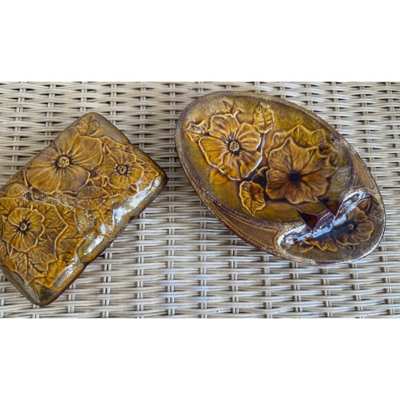 Vintage MCM California Pottery Ashtray Cigarette Box Set Brown Gold Floral - Picture 10 of 15